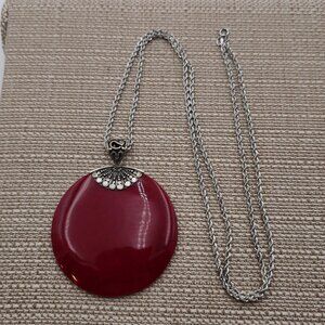 30 Inches Sterling Silver Large Unknown Red Material Necklace B402